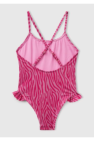 United Colors of Benetton Girl's Fuchsia Glitter Patterned Ruffle Detailed Cross Strap Swimsuit