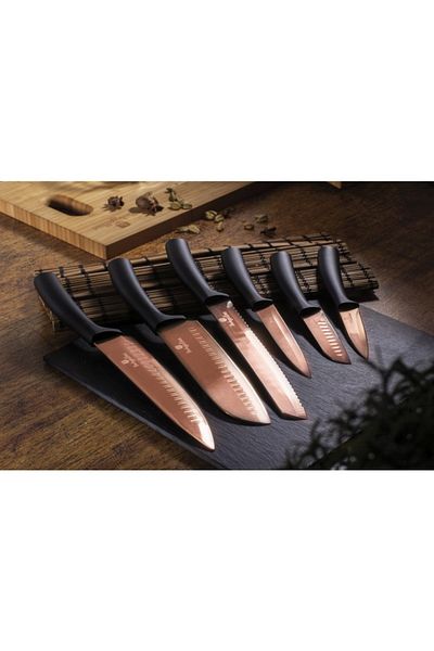Berlinger Haus Knife Set Nonstick Stainless Steel 6-piece Rosegold Metallic Line Chef Knife Santoku Knife Bread