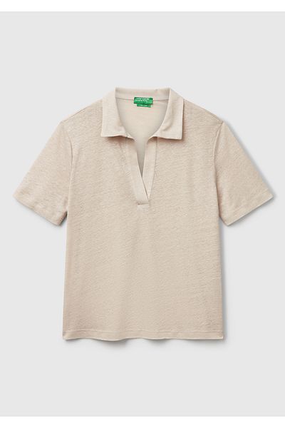 United Colors of Benetton Women's Stone Color 100% Linen Polo Neck T-Shirt