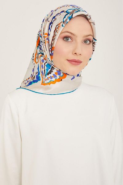 Armine Ecru-μωβ Ethnic Pattern Sura Silk Scarf 9130-60