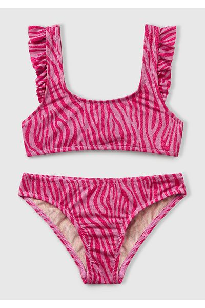 United Colors of Benetton Girl's Fuchsia Glitter Patterned Ruffle Detailed Strap Bikini Set