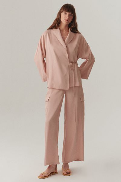 Exquise Double Breasted Lacing Closure Comfortable Fit Modal Fabric Powder Jacket