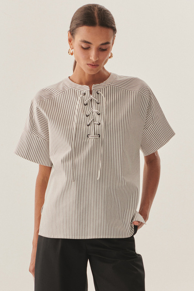 Exquise Kuşgözü Bağcık Detaylı Rahat Kesim Çizgili Bluz