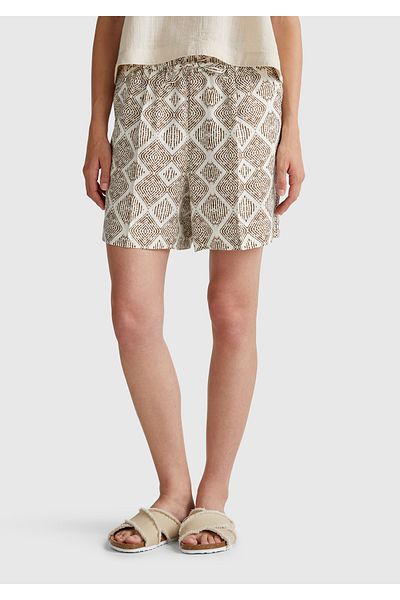United Colors of Benetton Women's White Mix 100% Linen Patterned Shorts with Elastic Waist and Pockets
