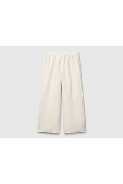 United Colors of Benetton Women's Stone Color 100% Linen Loose Short Leg Trousers with Elastic Waist