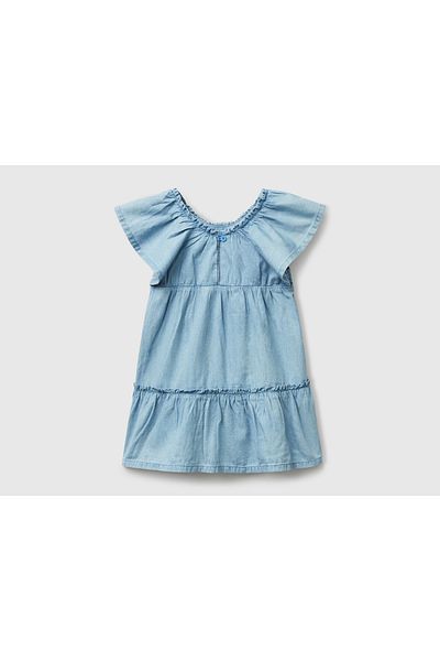 United Colors of Benetton Rochie de chenille, ușoară, largi, cu guler elastic din denim pentru fete, mâneci și fustă cu volane