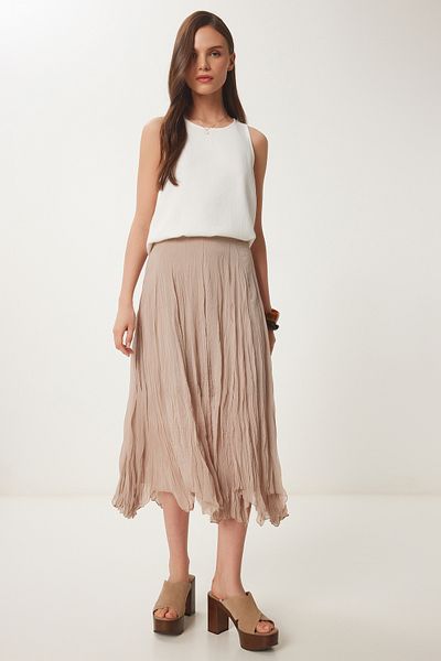 Lovelyİstanbul Fusta midi țesută cu efect de șifon BEIGE LNS0019