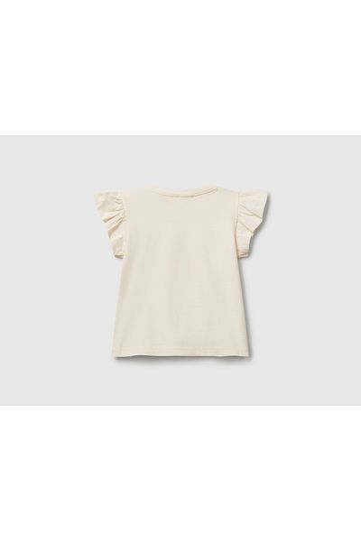 United Colors of Benetton Baby Ecru Logo Labelled Crew Neck T-Shirt with Ruffle Detail on Sleeves