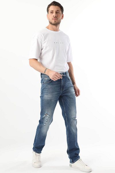 BANNY JEANS Мъжки скъсани джинсови панталони с детайли, син