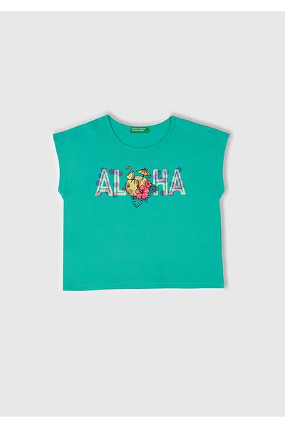 United Colors of Benetton Girl's Green Printed Sequin Detailed T-Shirt