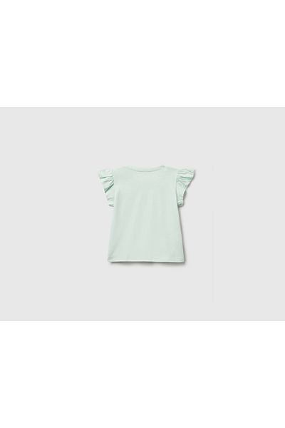 United Colors of Benetton Baby Water Green Logo Label Sleeve Ruffle Detailed Crew Neck T-Shirt