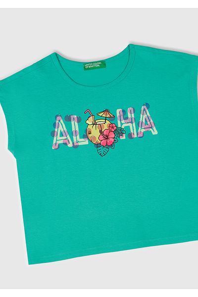 United Colors of Benetton Girl's Green Printed Sequin Detailed T-Shirt