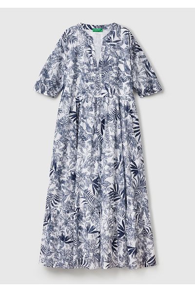 United Colors of Benetton Women's Blue Mix 100% Cotton Patterned V-Neck Short Sleeve Long Muslin Dress