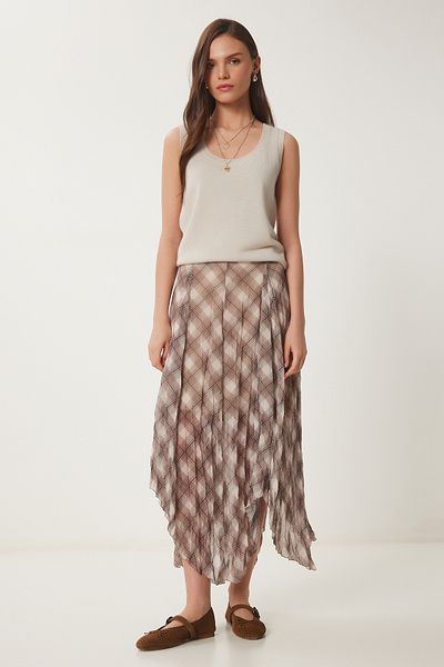Lovelyİstanbul Checkered Crinkle Effect Midi Chiffon Skirt Beige Cream Lns0041