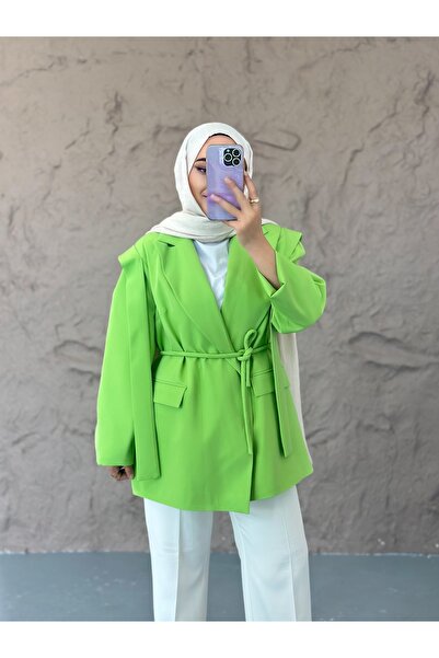 She Olive Saçaklı astarlı blazer ceket