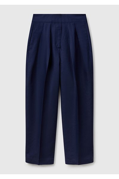 United Colors of Benetton Women's Navy Blue Linen Blended Carrot Cut Trousers
