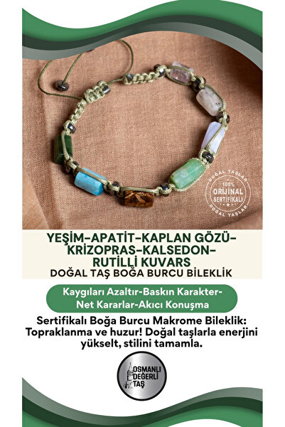 OSMANLI DEĞERLİ TAŞ Certified Taurus Natural Stone Macrame Adjustable Bracelet