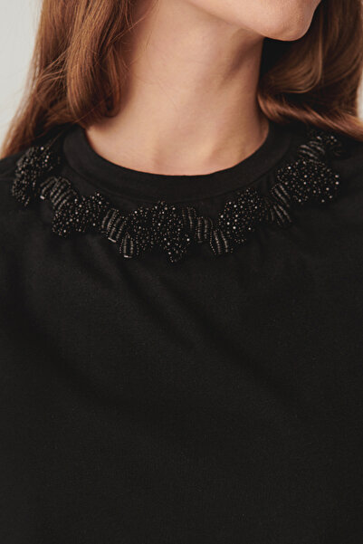 Exquise Μαύρο κανονικό βαμβακερό πλεκτό μπλουζάκι με λεπτομέρεια επεξεργασίας