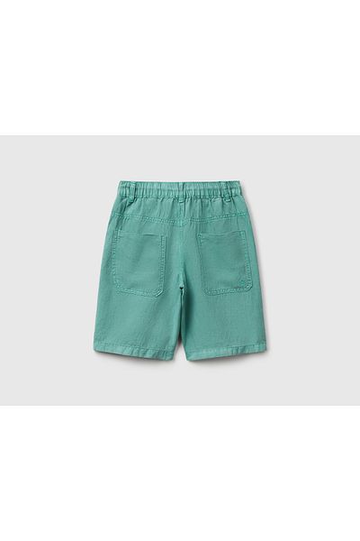 United Colors of Benetton Boys' Green Lyocell and Linen Blend Bermuda Shorts with Drawstring Pockets
