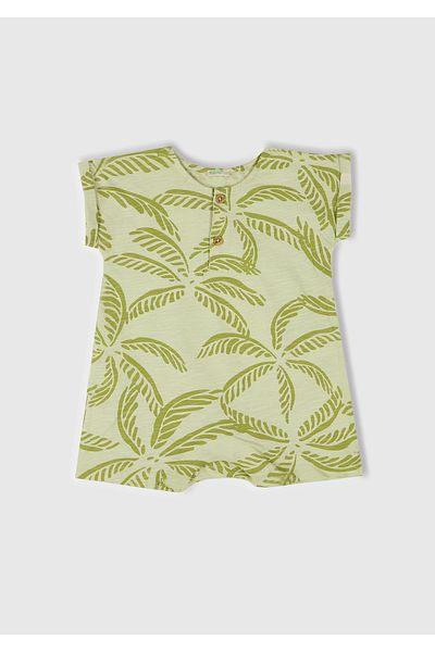 United Colors of Benetton Baby Green Fully Patterned Jumpsuit with Button Detail on the Front and Hidden Snap Fasteners