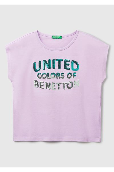 United Colors of Benetton Tricou pentru fetiță liliac cu sigla Benetton imprimat