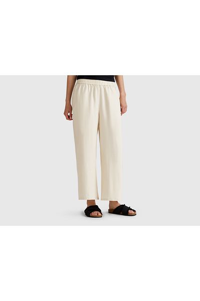 United Colors of Benetton Women's Stone Color 100% Linen Loose Short Leg Trousers with Elastic Waist