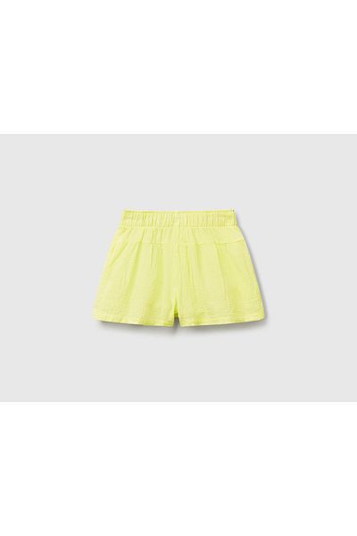 United Colors of Benetton Girl's Yellow Drawstring Waist Tassel Detailed Loose Cut Muslin Shorts