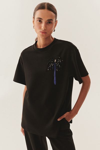 Exquise Tricou tricotat obișnuit, negru, cu croială relaxată, brodat