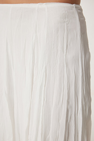 Lovelyİstanbul Fusta midi țesută cu efect de șifonat ALB LNS0019