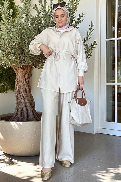 Aselim Hijap Moda Καλοκαιρινό κοστούμι με λινό πουκάμισο Strawberry – Άνετη κομψότητα με παντελόνι τσέπης (μέγεθος 36-48) Μπεζ