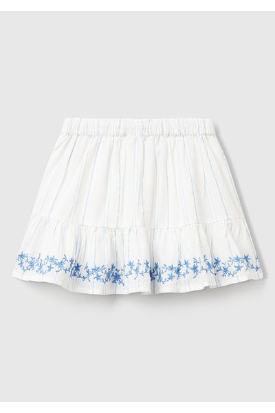 United Colors of Benetton Girls' White Striped Hem Embroidered Gathered Drawstring Skirt