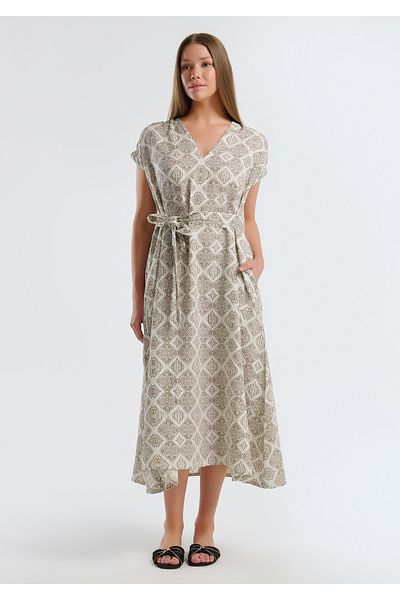 United Colors of Benetton Women's White Mix 100% Linen Patterned V-Neck Pocket Long Dress