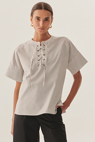 Exquise Kuşgözü Bağcık Detaylı Rahat Kesim Çizgili Bluz
