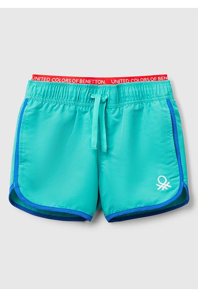 United Colors of Benetton Boy's Turquoise Logo Printed Drawstring Swim Shorts with Elastic Waist Detail
