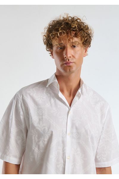 United Colors of Benetton Men's White 100% Cotton Short Sleeve Patterned Shirt