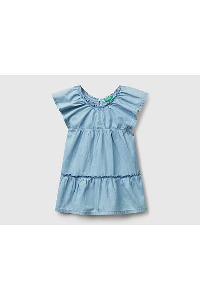 United Colors of Benetton Rochie de chenille, ușoară, largi, cu guler elastic din denim pentru fete, mâneci și fustă cu volane