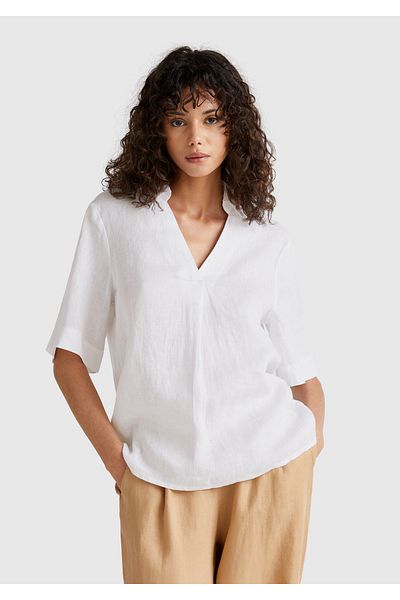 United Colors of Benetton Bluză cu mânecă scurtă, albă, 100% in, pentru femei, cu guler în V