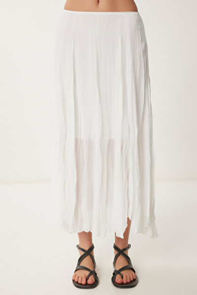 Lovelyİstanbul Fusta midi țesută cu efect de șifonat ALB LNS0019