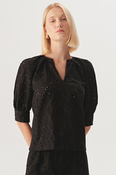 Exquise Kısa Kol Fisto Kumaş Rahat Kalıp Siyah Bluz