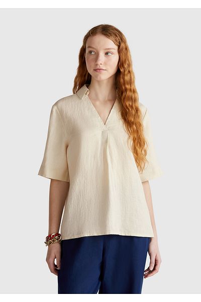 United Colors of Benetton Bluză cu mânecă scurtă, 100% in, culoare piatră, pentru femei