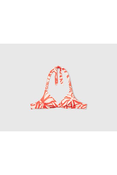 United Colors of Benetton Women's Orange Coral Patterned Double Sided Halter Neck Tie Bikini Top