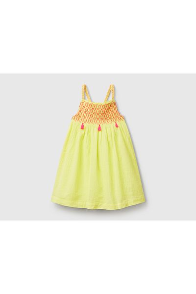 United Colors of Benetton Girl's Yellow Contrast Color Front Tassel Pleated Rope Braided Strap Dress