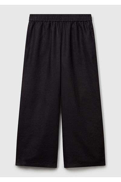 United Colors of Benetton Women's Black 100% Linen Elastic Waist Loose Short Leg Trousers