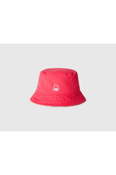 United Colors of Benetton Boy's Fuchsia Patterned Logo Embroidered Double Sided Bucket Hat