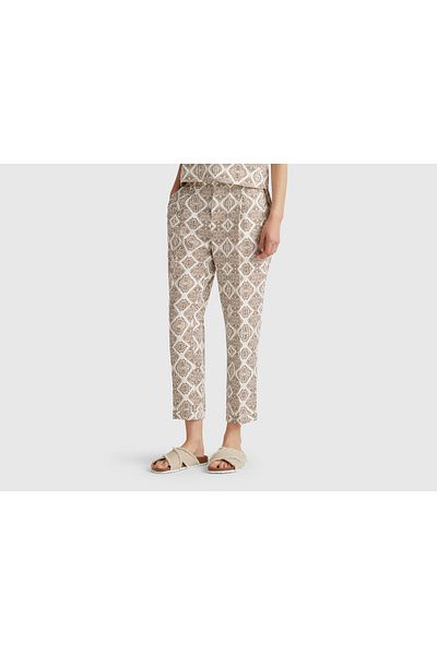 United Colors of Benetton Women's White Mix 100% Linen Patterned Elastic Waist Trousers