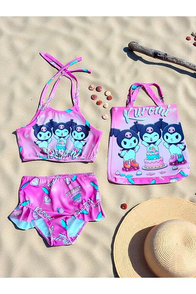 MİLAYS LİFE HOME COLLECTİON Girl's Character Printed Skirt with Ruffles - Rope Tie Bag Swimsuit Bikini 3 Piece Set