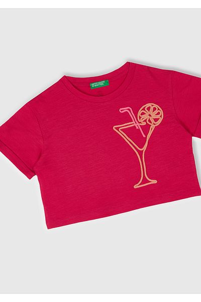 United Colors of Benetton Tricou crop cu decolteu cu broderie fucsia pentru fete