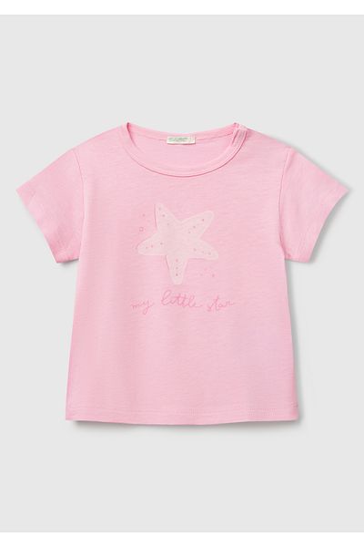 United Colors of Benetton Baby Pink Front Printed Shoulder Snap Button T-Shirt