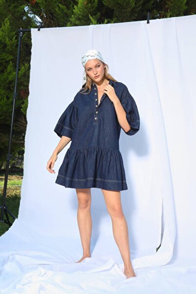 Bluewhite Γυναικεία φούστα με βολάν με λεπτομέρειες Jean φόρεμα Navy Blue