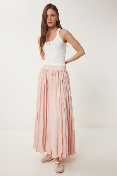 Lovelyİstanbul Wrinkle Effect Flared Woven Skirt Pudra Lus0123